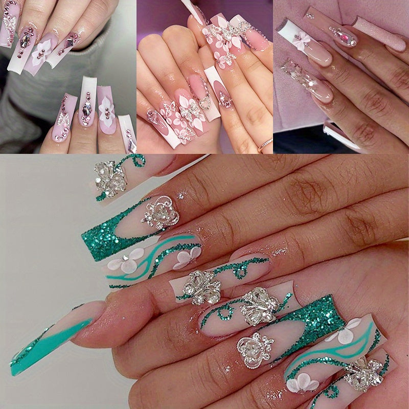 4 Boxes 96pcs European and American Press-on Nails Gorgeous Sweet Cool Flashy Broken Glitter Flowers Gren Butterfly Water Pipe Long Fake Nails Combination Set Suitable for Girs and Women Gifts